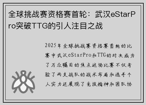 全球挑战赛资格赛首轮：武汉eStarPro突破TTG的引人注目之战