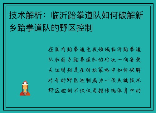 技术解析：临沂跆拳道队如何破解新乡跆拳道队的野区控制